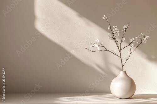 Soft shadow of a minimalist vase with dried flowers against a beige wall