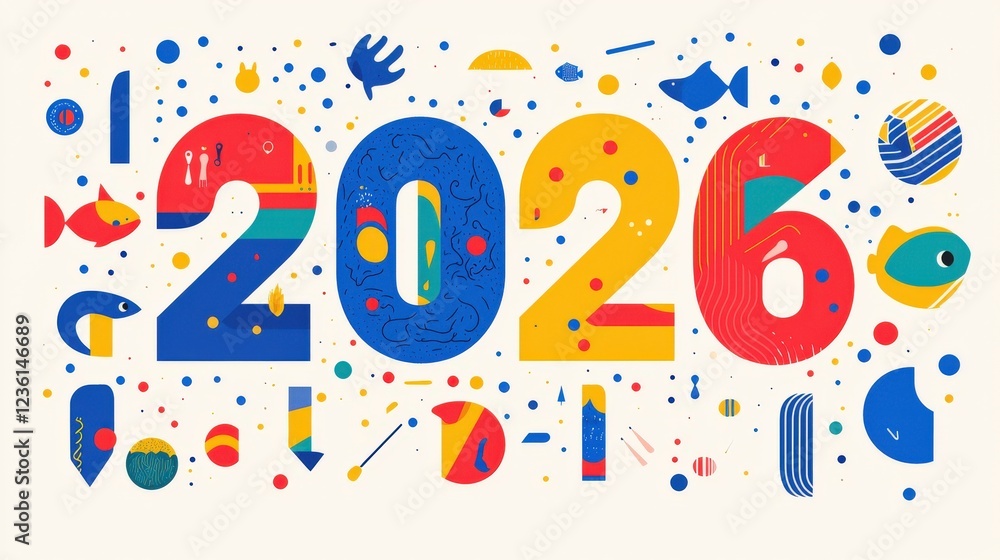 Fototapeta premium Colorful Flat Vector Illustration of 2026 with Abstract Shapes and Vibrant Elements in a Fun Design Style