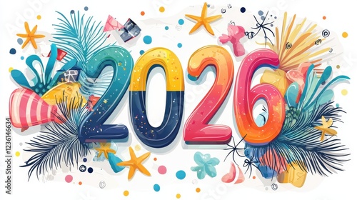 Colorful Vector Illustration of Flat Design Style Elements Celebrating the Year 2026 with Tropical Decor