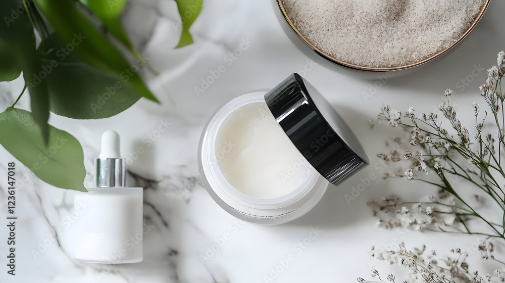 Minimalist cosmetic skincare product arrangement featuring a jar bottle and floral bouquet against a gray and white background The composition showcases natural organic Minimalist cosmetic skincare product arrangement featuring a jar bottle and floral bouquet against a gray and white background The composition showcases natural organic