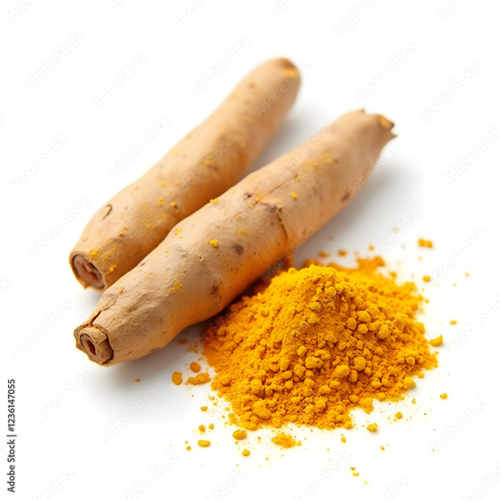 Fresh root and golden turmeric powder on white background - ideal choice for cooking and health. Fresh root and golden turmeric powder on white background - ideal choice for cooking and health.