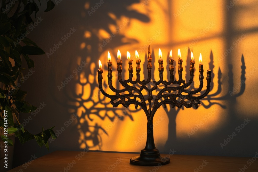 Fototapeta premium Shadowed menorah casting warm light during holiday celebration.