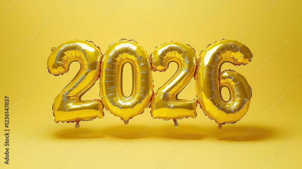 Yellow Foil Balloons Shaped Like Numbers 2026 on Bright Yellow Background for Celebratory Events Yellow Foil Balloons Shaped Like Numbers 2026 on Bright Yellow Background for Celebratory Events