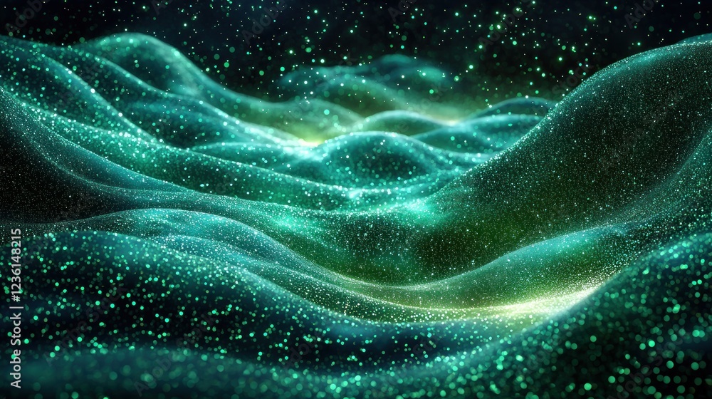 Abstract glowing green particle waves background for digital art or design projects Abstract glowing green particle waves background for digital art or design projects