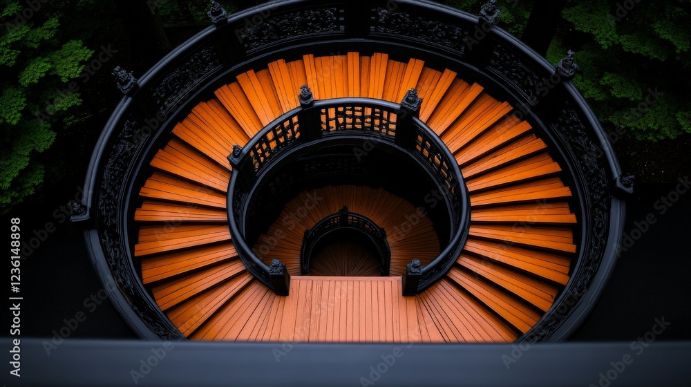 Fototapeta premium Spiral Staircase Descent: A mesmerizing view down a circular spiral staircase with rich orange wooden steps and a dark, ornate black iron railing. The image evokes a sense of mystery and elegance.