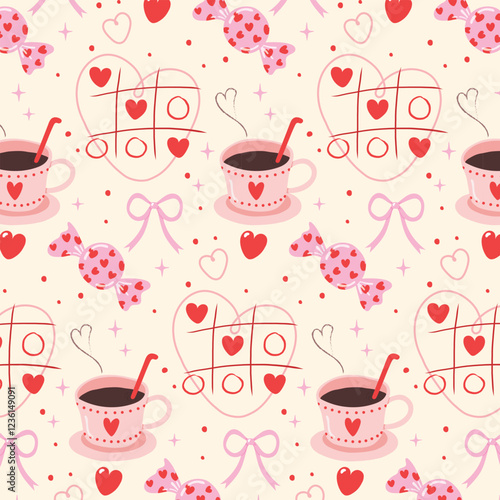 coffee with candy and XO game  seamless background, Seamless pattern with red hearts, Cute collection of love.