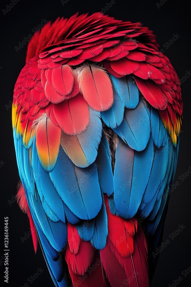 Obraz premium Feathers of a vibrant, colorful macaw parrot against a neutral background.