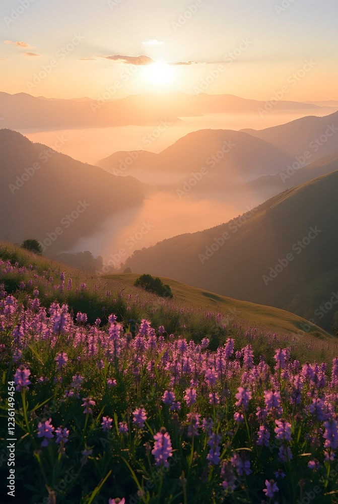 Obraz premium Morning Bliss: A Stunning View of Sunlit Hills and Dreamy Mist Embracing a Field of Lush Purple Wildflowers