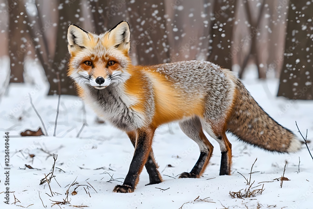 A majestic red fox standing gracefully in a snowy forest, showcasing its vibrant orange fur against the white snow and blurred trees in the background. A majestic red fox standing gracefully in a snowy forest, showcasing its vibrant orange fur against the white snow and blurred trees in the background.