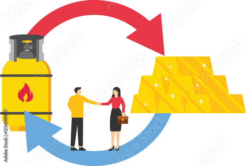 Businesspeople shaking hand. Exchange stack of gold bar bullion to natural gas. Vision plan and perspective. Trading gas and gold bar bullion. Modern vector illustration in flat style

