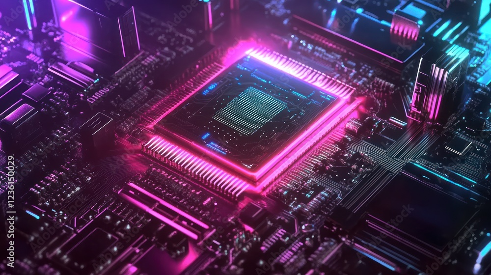 Vibrant close-up of a futuristic microchip with neon lights Vibrant close-up of a futuristic microchip with neon lights