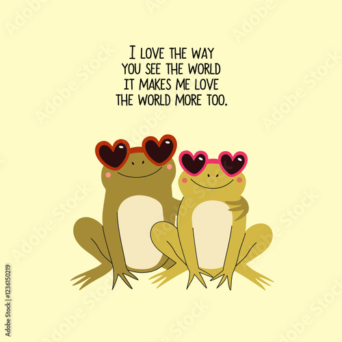 Vector illustration with two hugging frogs in love in sunglasses. Romantic print design with animals, typography poster with text, 14 February greeting card template.