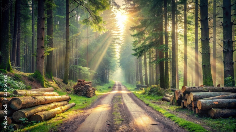 Naklejka premium A sunlit path through a dense forest, dappled with sunlight and mist, leading to a mysterious destination. The path is flanked by tall trees and logs, creating a sense of serenity and wilderness.