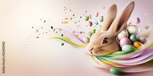 A geometric Easter bunny gazes directly at the viewer while surrounded by colorful eggs in an artistic arrangement. The vibrant composition infuses a playful holiday spirit