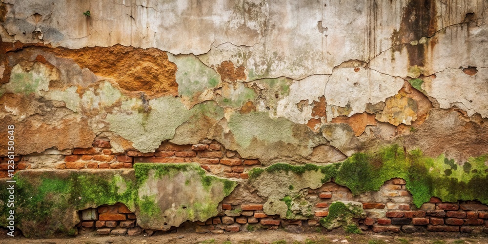 Obraz premium A weathered wall with peeling plaster and a layer of moss growing over the exposed brick
