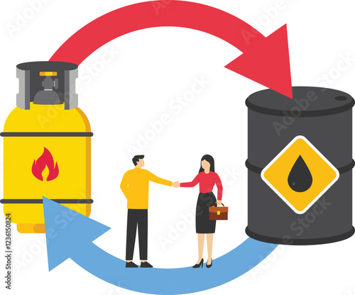 Businesspeople shaking hand. Exchange oil to natural gas. Vision plan and perspective. Trading gas and fuels, diesel, oil. Modern vector illustration in flat style

