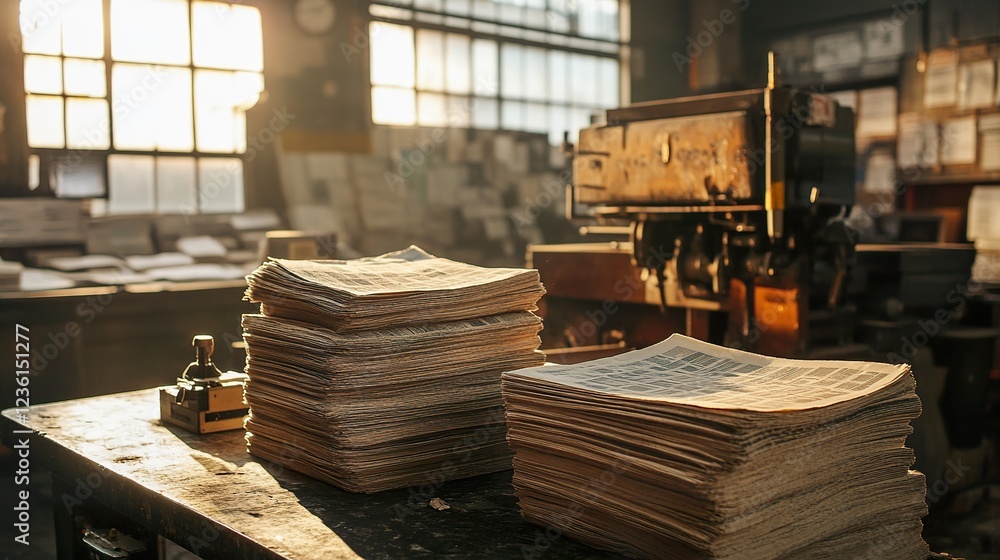 Stacks of newspapers on a printing press in a sunlit workshop; industrial background, perfect for news, publishing, or history articles Stacks of newspapers on a printing press in a sunlit workshop; industrial background, perfect for news, publishing, or history articles