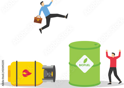 Businessman jumps from gas cylinder to barrel of biofuel. Use of biofuel instead of gas. Flat vector illustration.

