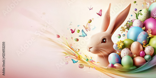 Bunny composed of geometric shapes gazes joyfully at the viewer while surrounded by vibrant eggs and butterflies, set against a soft pastel background