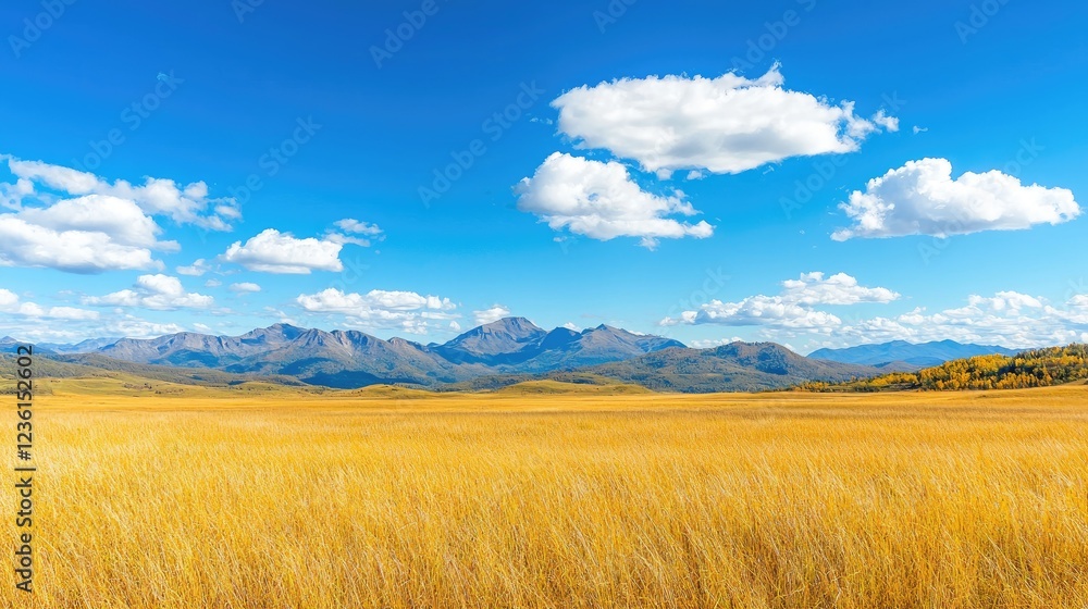 Golden autumn meadow, mountains, blue sky; scenic landscape, travel photography Golden autumn meadow, mountains, blue sky; scenic landscape, travel photography