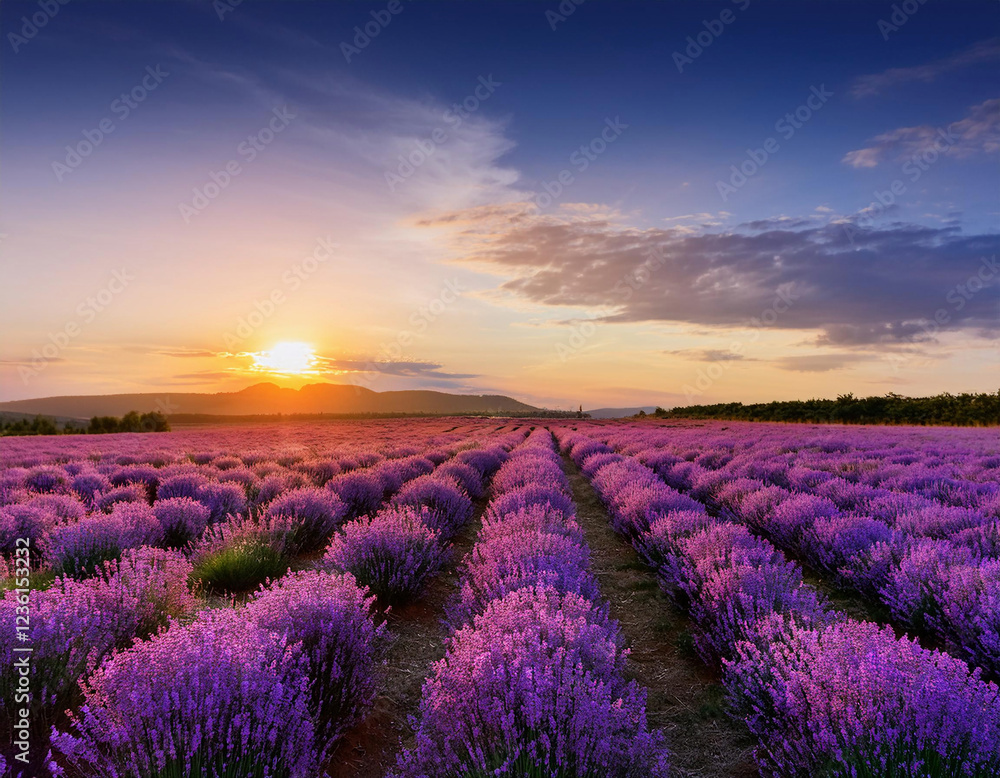 A vibrant lavender field stretches across the landscape under a sunset sky with wispy clouds in Provence, France. A vibrant lavender field stretches across the landscape under a sunset sky with wispy clouds in Provence, France.