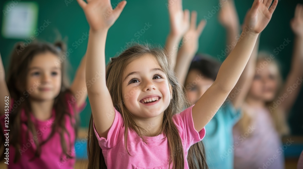 Children in classroom with hands raised, engaging in fun learning activities during lesson time. Smiling girls participating in educational experience together. Children in classroom with hands raised, engaging in fun learning activities during lesson time. Smiling girls participating in educational experience together.