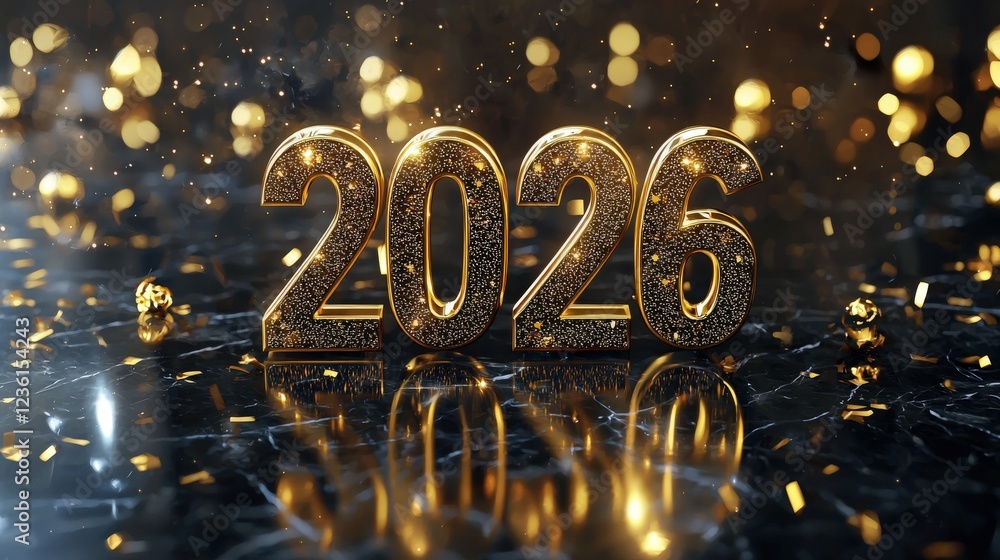 Golden 2026 Number Displayed on Reflective Marble Surface with Sparkling Bokeh Background and Confetti Accents Golden 2026 Number Displayed on Reflective Marble Surface with Sparkling Bokeh Background and Confetti Accents