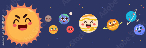 Vector illustration of solar system with cute kawaii planets and sun. Mercury, mars, Venus, earth, moon, mars, Jupiter, Saturn, Uranus and Neptune on blue starry background