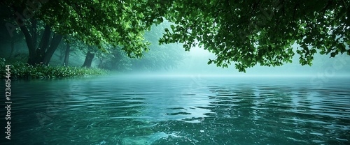 Serene misty morning by a calm river, lush green trees overhanging.
