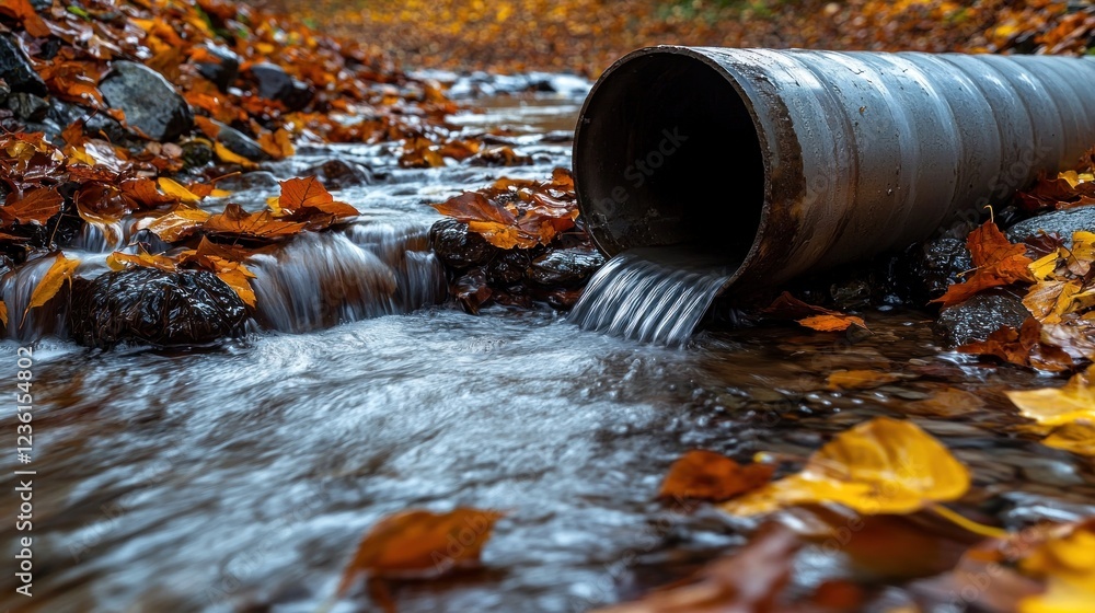 Water flows from pipe into autumn forest stream (1) Water flows from pipe into autumn forest stream (1)