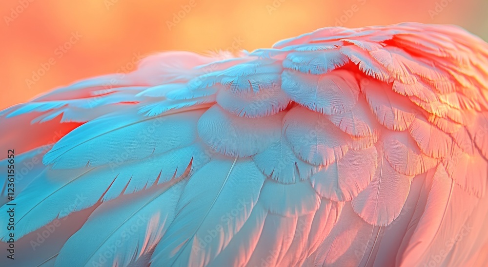 Obraz premium In a dreamy sky background illuminated by a celestial glow, ethereal angel wings in soft pastel colors feature delicate feathers. The divine texture shines through with brushstroke details in an