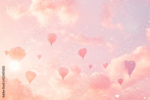 Heart-Shaped Hot Air Balloons Soaring Through a Pastel Sky