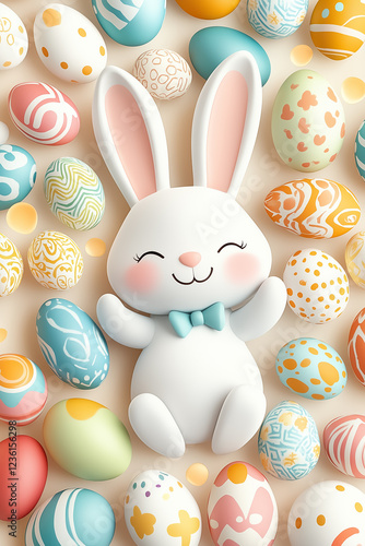 A joyful easter bunny lays among a collection of vibrant eggs in various patterns. The light background enhances the festive atmosphere, making it vibrant and cheerful