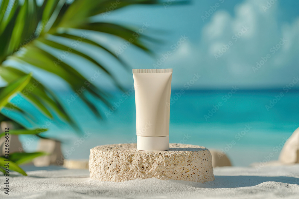 Sunscreen tube on tropical beach scene with palm leaves and ocean view Sunscreen tube on tropical beach scene with palm leaves and ocean view
