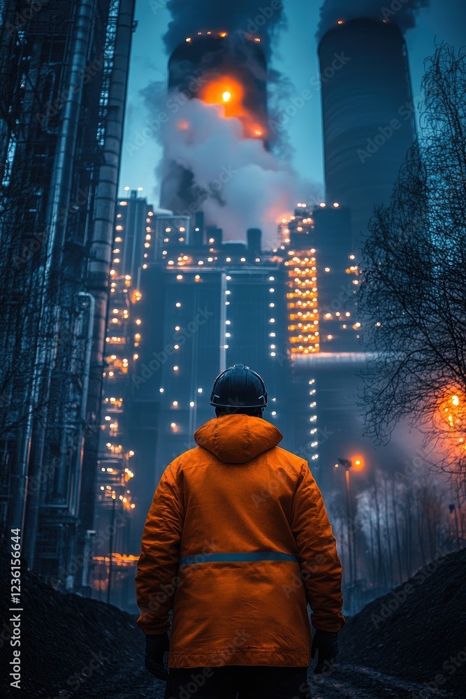Obraz premium Industrial Worker Observing Nighttime Factory Emitting Smoke and Light