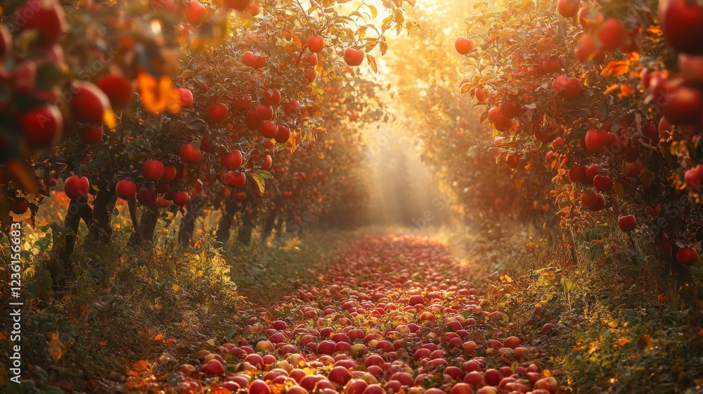 Fototapeta premium Sunlit Autumn Apple Orchard Path