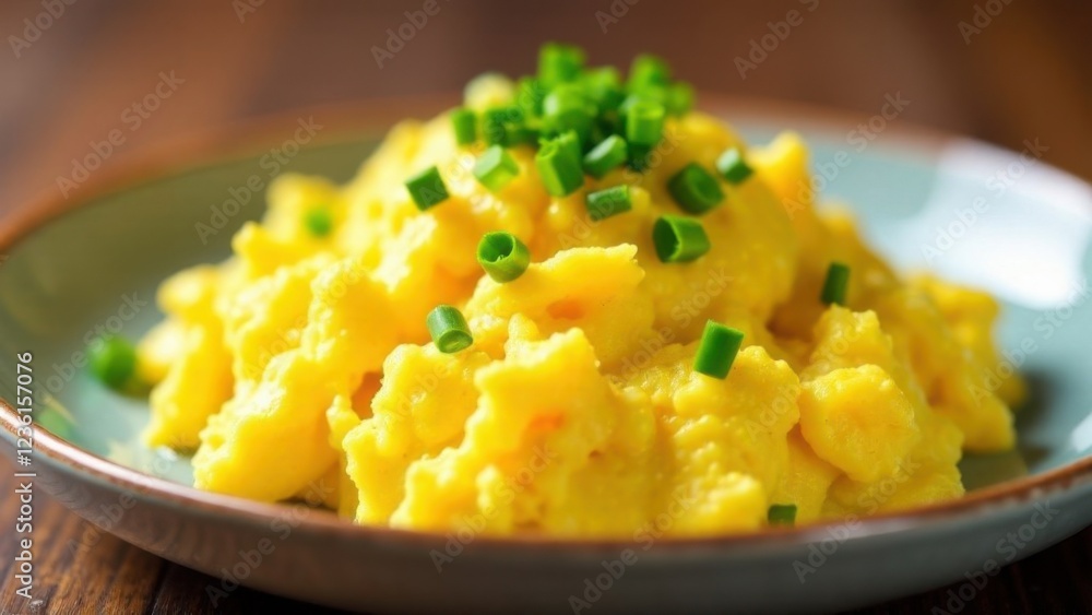 Fluffy scrambled eggs garnished with fresh chives, symbolizing simplicity and freshness Fluffy scrambled eggs garnished with fresh chives, symbolizing simplicity and freshness