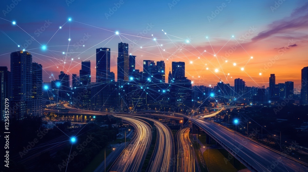 Fototapeta premium City skyline at sunset with light trails, digital network connections, urban highways, and vibrant city life representing technological growth and connectivity in modern society.
