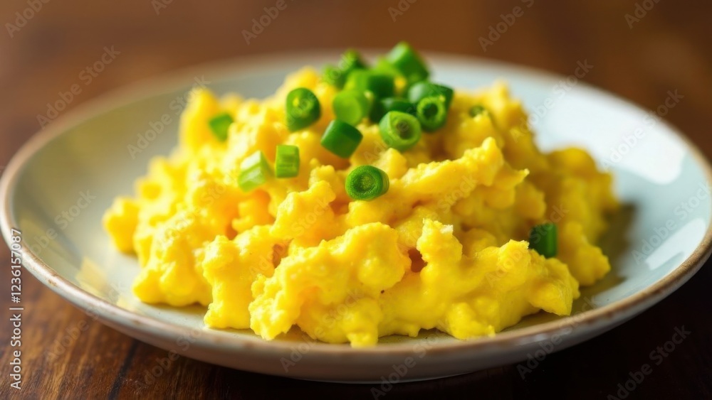Fluffy scrambled eggs garnished with fresh chives, symbolizing simplicity and freshness Fluffy scrambled eggs garnished with fresh chives, symbolizing simplicity and freshness