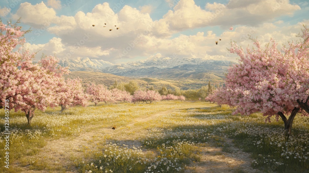 Peaceful Cherry Blossom Orchard with Mountain View Peaceful Cherry Blossom Orchard with Mountain View