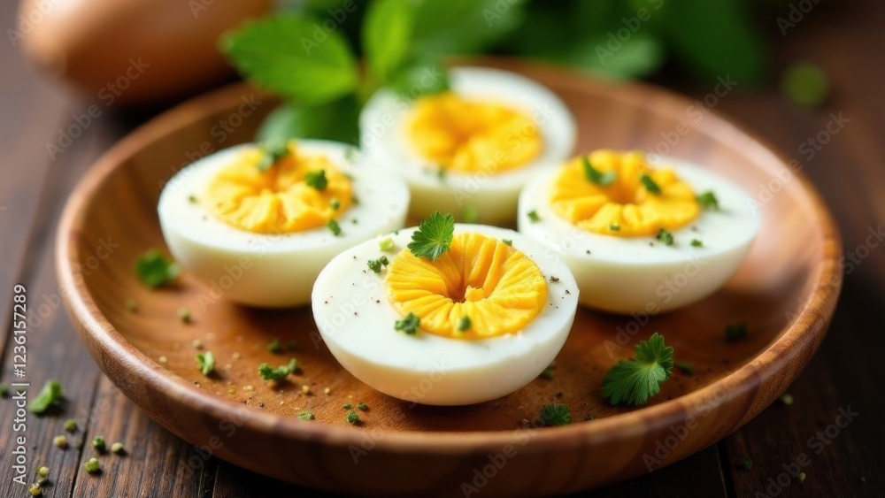 Halved boiled eggs on a wooden plate, garnished with herbs and spices, symbolizing simplicity and nutrition Halved boiled eggs on a wooden plate, garnished with herbs and spices, symbolizing simplicity and nutrition