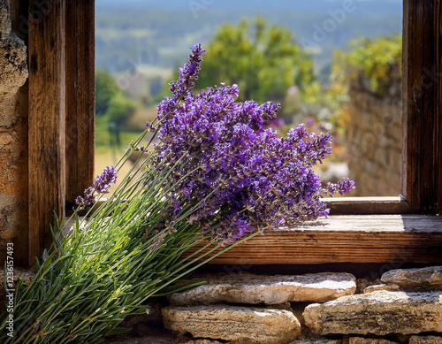 A freshly picked bundle of purple lavender lies on a rustic wooden window sill of a traditional Mediterranean stone house.	 photo