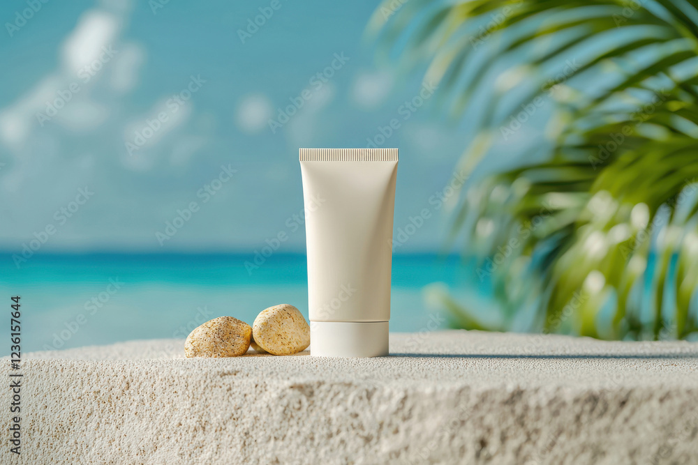 Sunlit skincare product on sandy beach with ocean and palm background Sunlit skincare product on sandy beach with ocean and palm background
