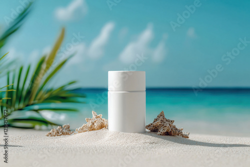 Minimalist white cosmetic jar on beach sand with coral and tropical background