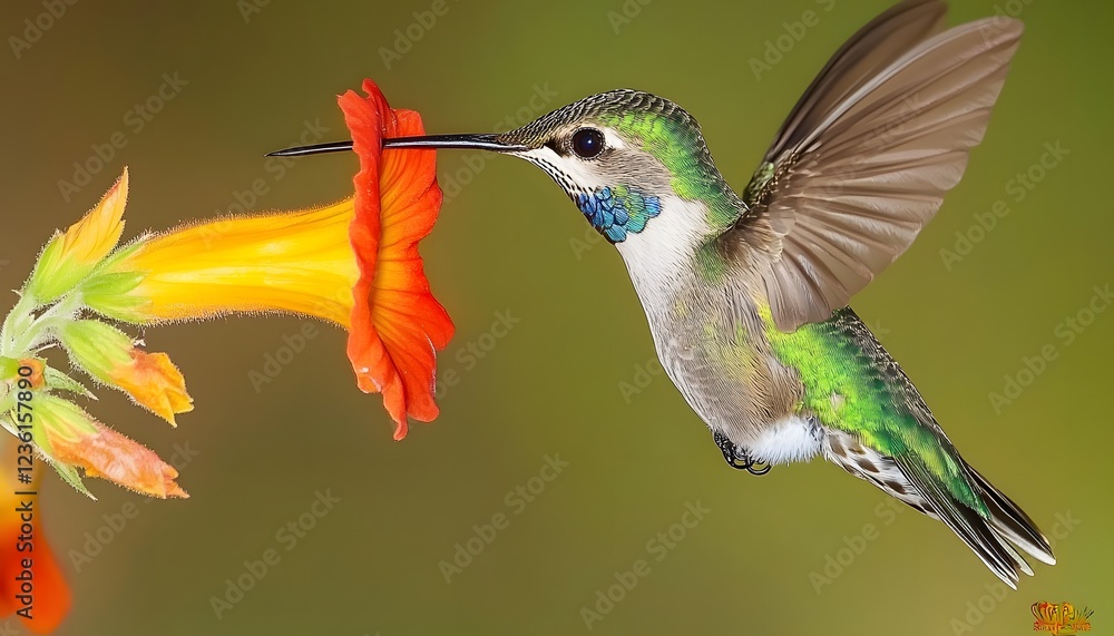 Fototapeta premium Hummingbird feeding from an orange and yellow flower