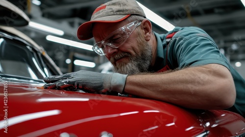 A mechanic polishing a vintage car,
