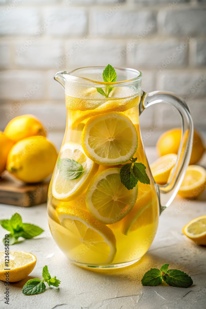 Pitcher of honey lemonade with lemon slices and mint, beautifully presented with fresh lemons Pitcher of honey lemonade with lemon slices and mint, beautifully presented with fresh lemons