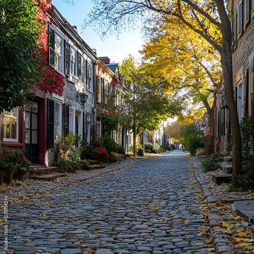 Autumnal Charm on Elfreth's Alley: A picturesque cobblestone street lined with historic colonial-era houses, adorned with vibrant autumn foliage. The warm sunlight casts a golden hue.