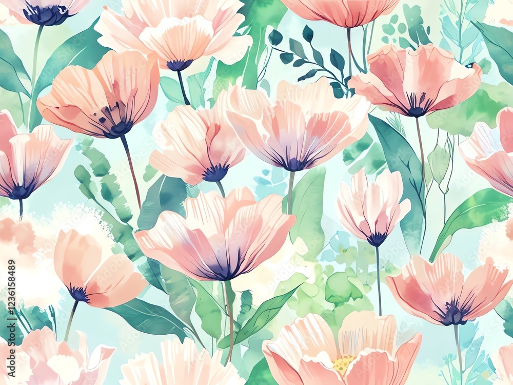 Fototapeta premium Pastel Poppies Watercolor Floral Pattern