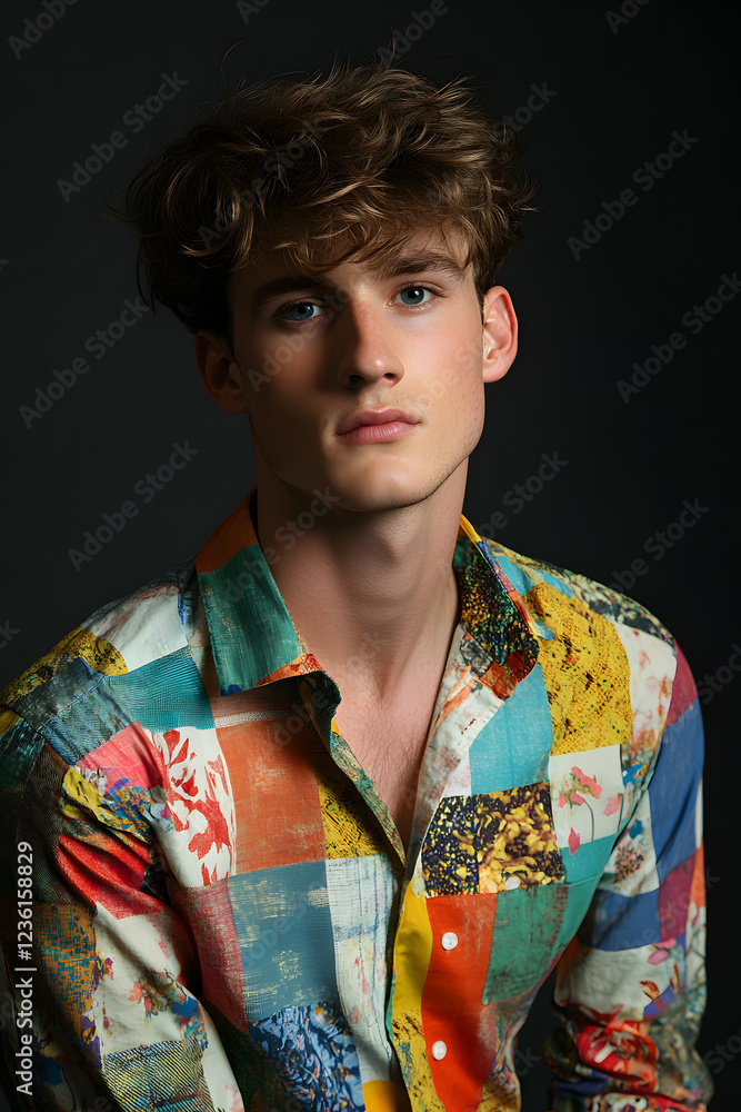 Handsome man with wavy hair, wearing a colorful shirt Handsome man with wavy hair, wearing a colorful shirt